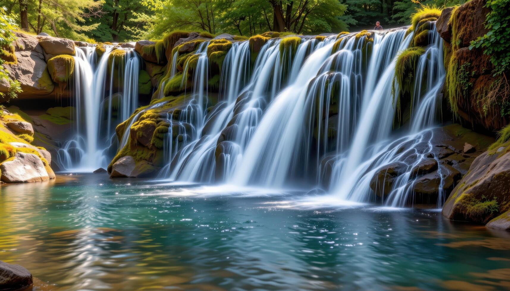 a series of cascading waterfalls tumbling down moss covered rocks into a tranquil pool. photo