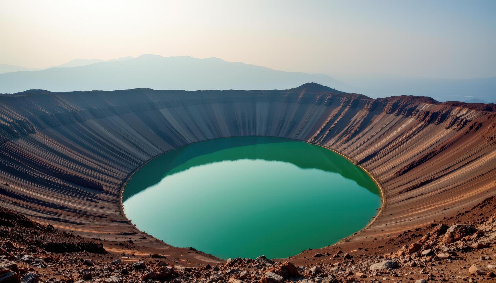 a volcanic crater filled with still, emerald green water under a hazy morning sky. photo