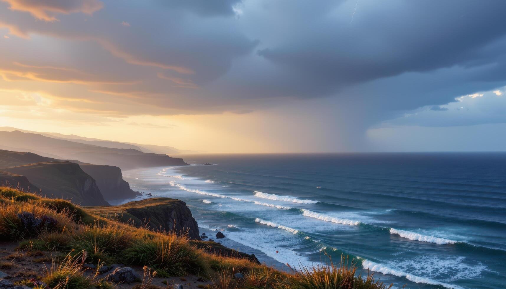 a windswept cliffside overlooking an endless ocean under a sky streaked with lightning. photo