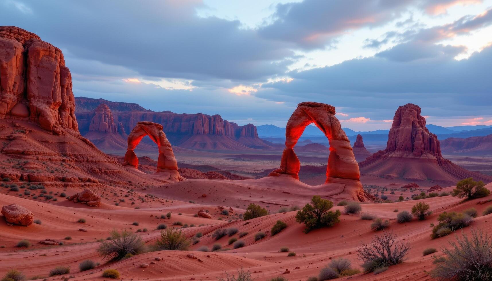 a surreal desert landscape filled with sandstone arches and pillars glowing red. photo