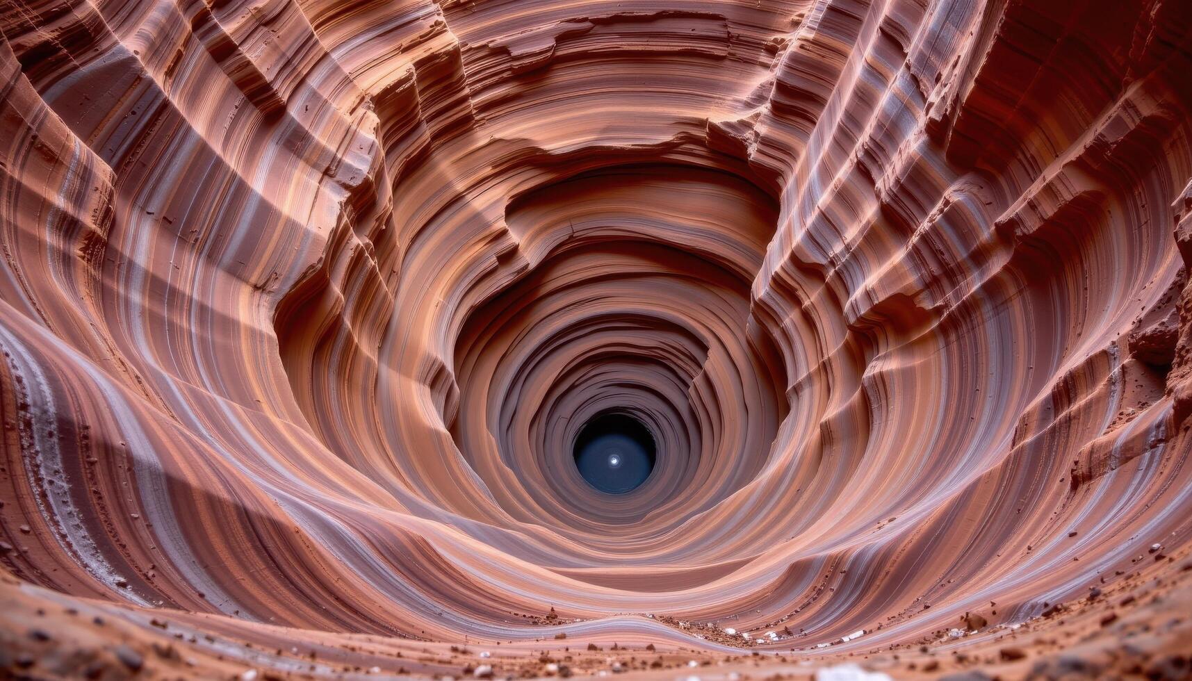 a spiral canyon with layers of red and gold sandstone winding downward. photo