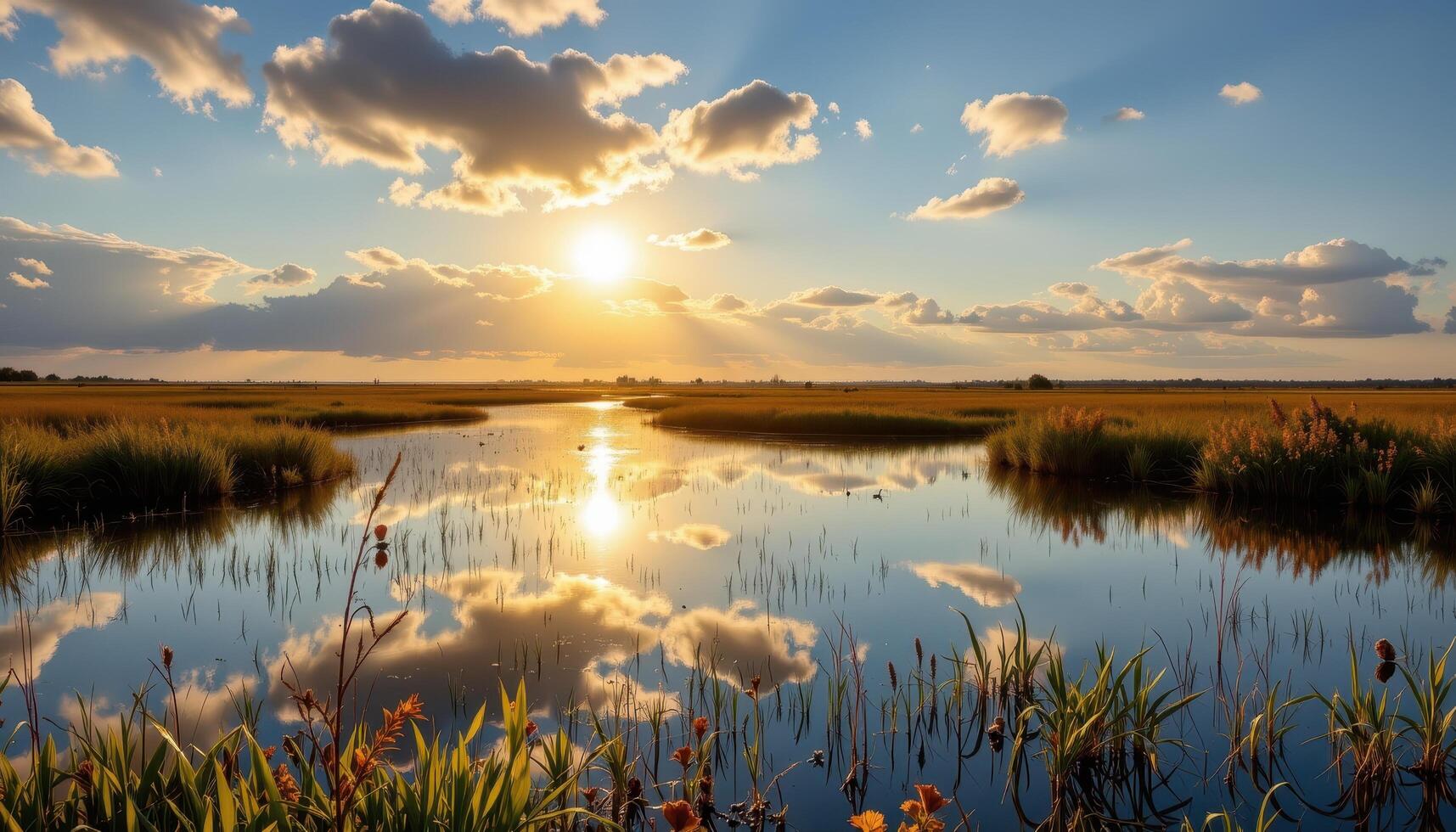 a wetland glowing with early morning light, reflecting distant clouds. photo
