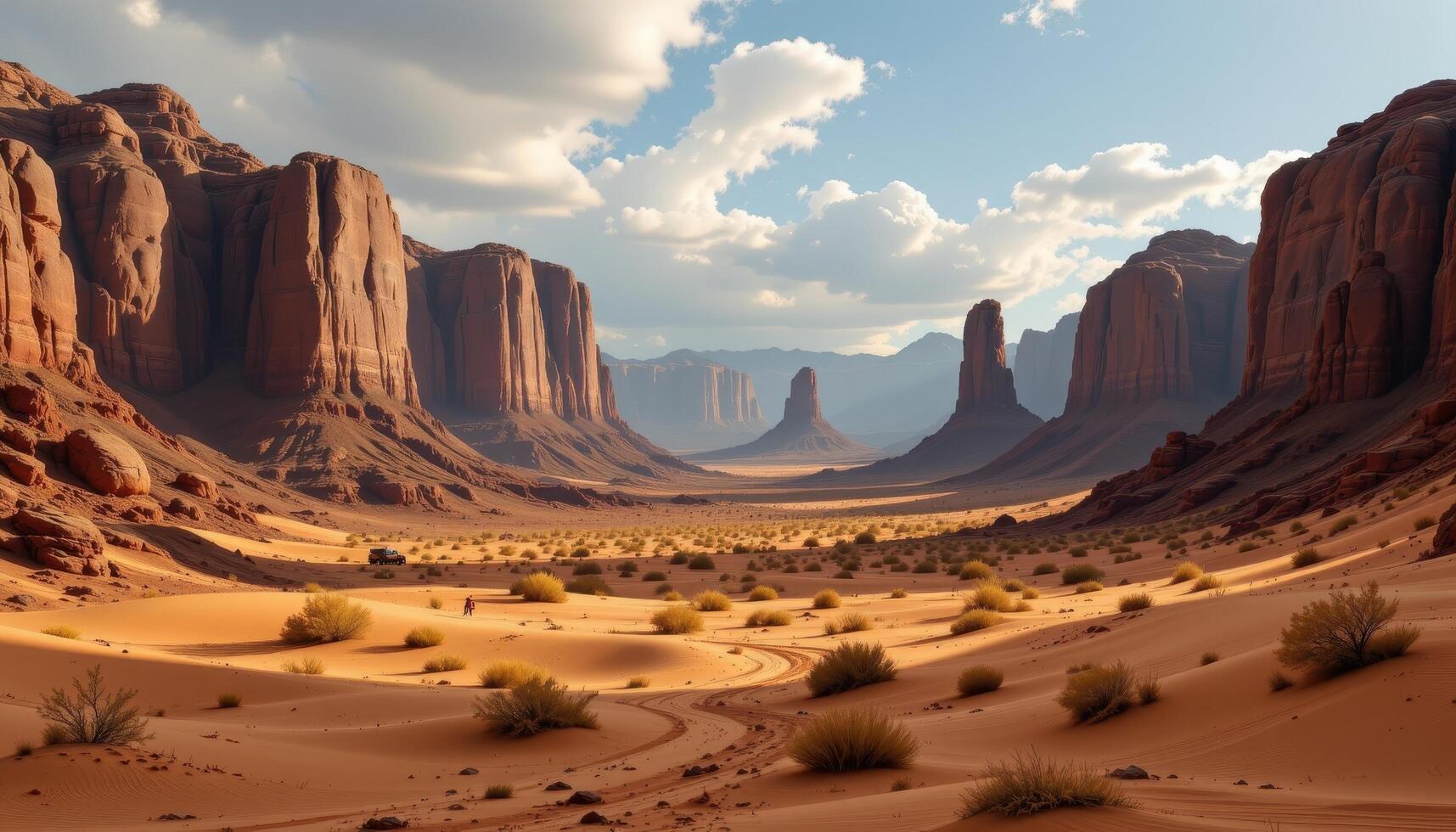 a windswept desert valley lined with ancient rock towers and drifting sand. photo