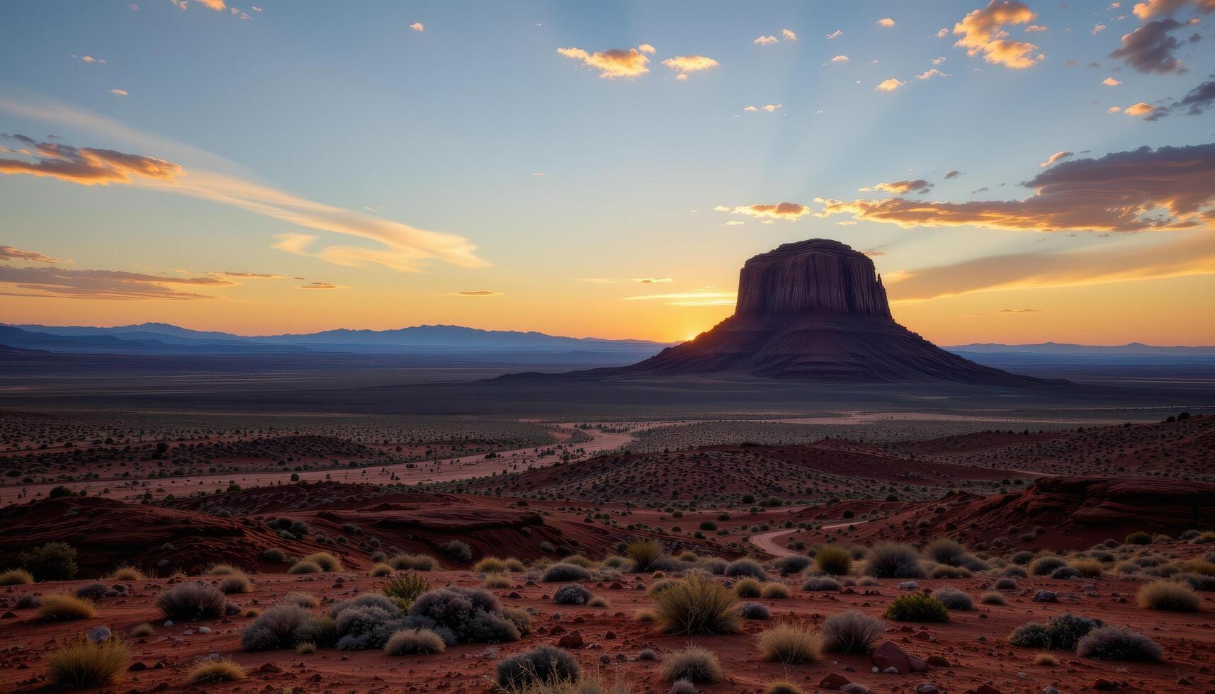a solitary butte rising from a vast desert plateau under a fading sunset. photo