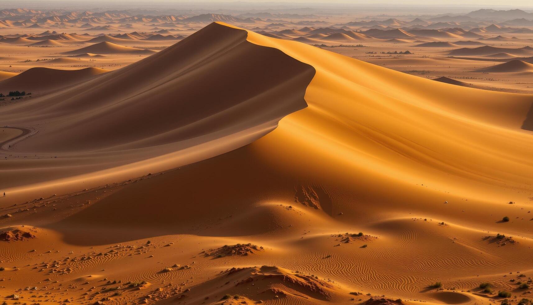 a massive sand dune casting long shadows across the desert floor. photo