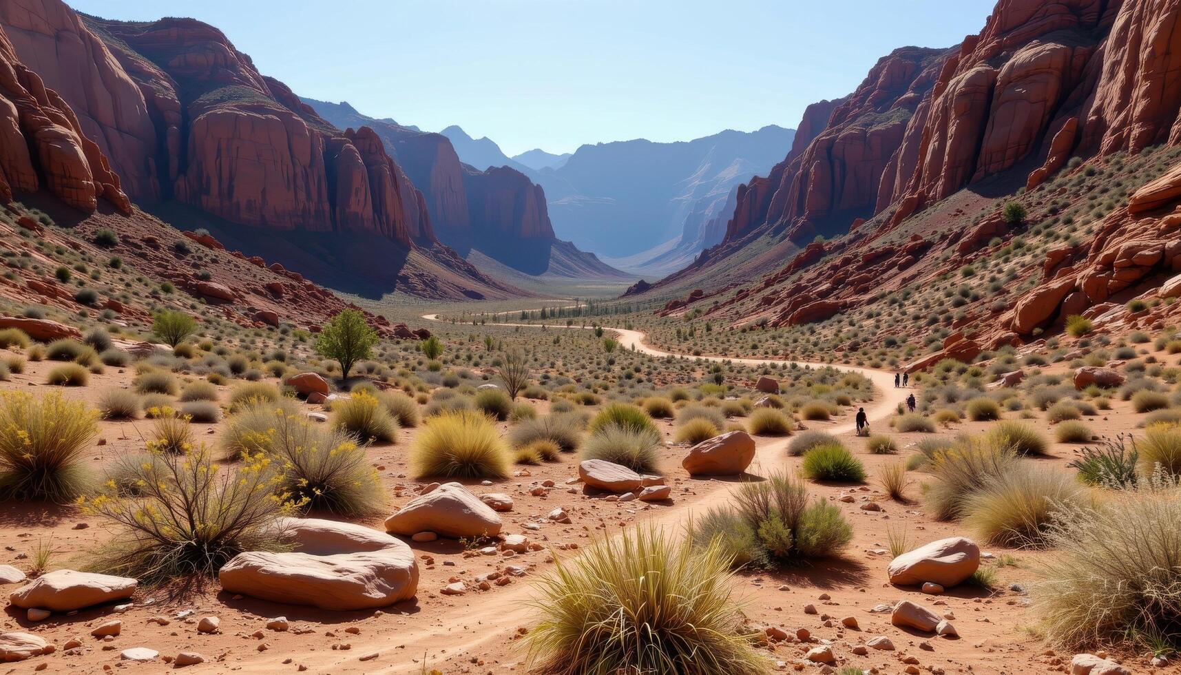 a wide canyon floor where tumbleweeds roll between scattered boulders. photo