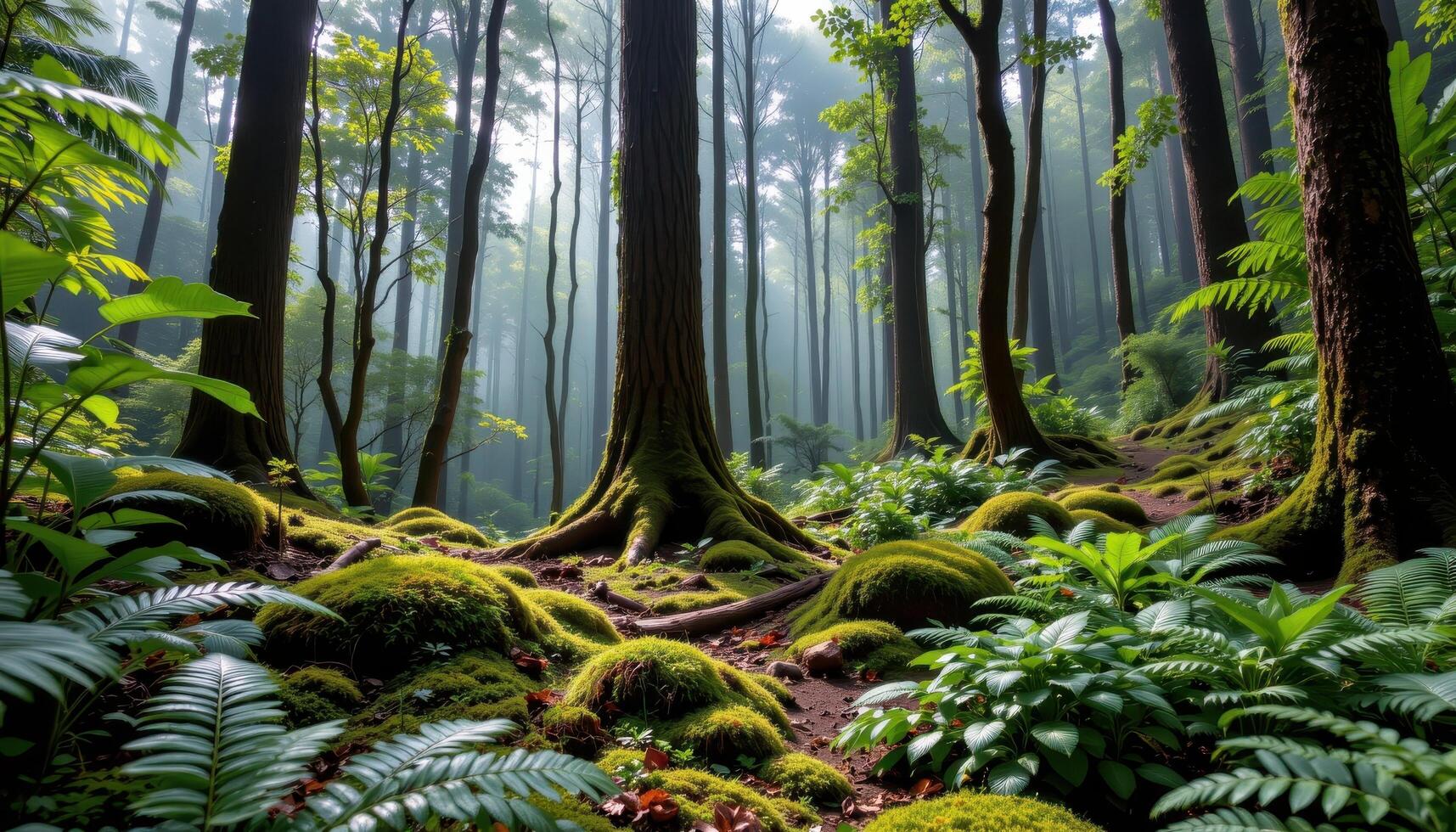 a lush rainforest floor beneath towering trees, thick with moss and ferns. photo
