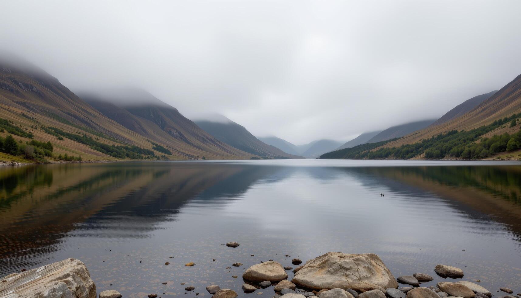a still highland loch surrounded by rocky slopes and low mist. photo