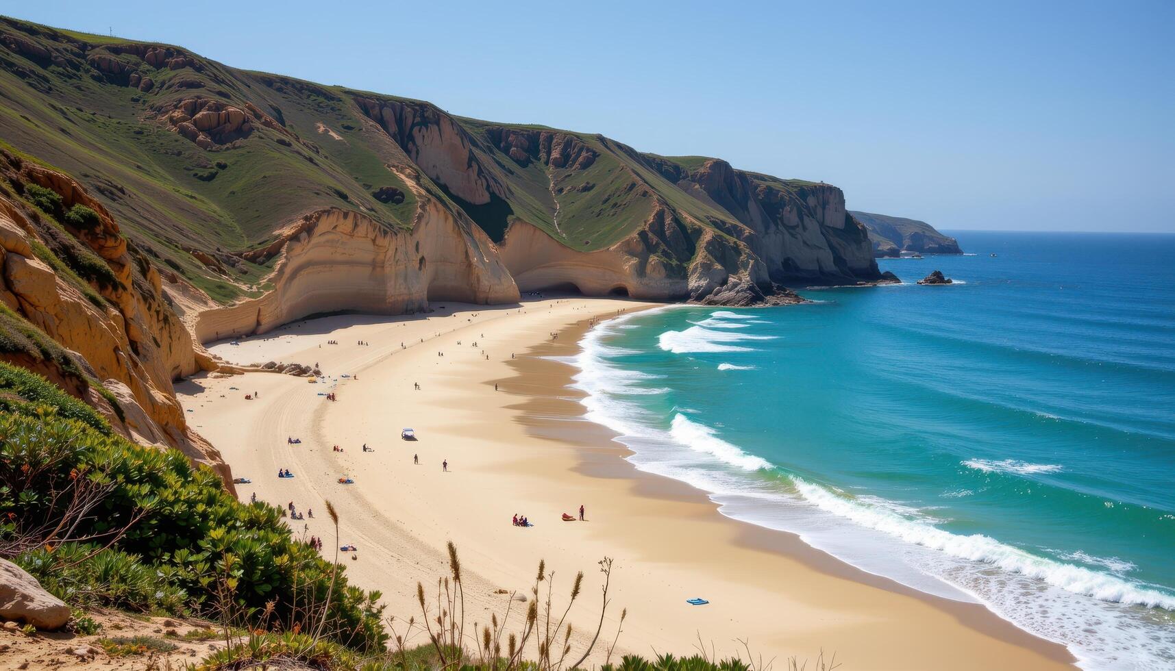 a pale sand beach bordered by tall cliffs and quiet, lapping waves. photo