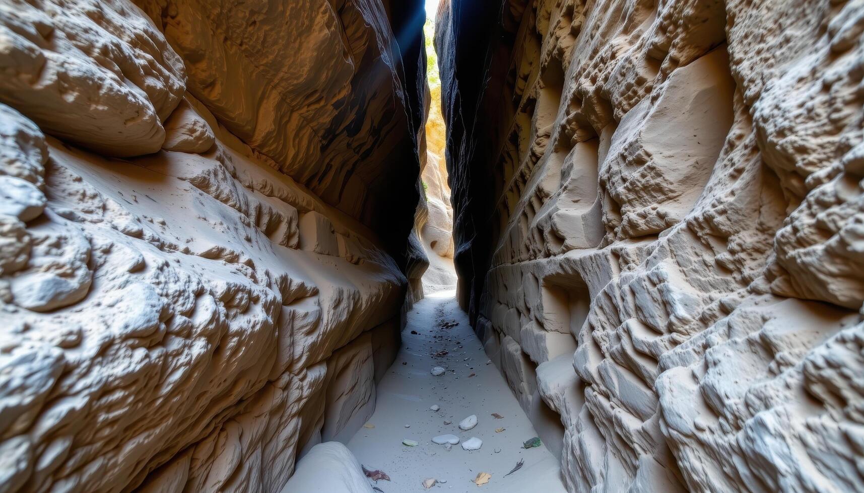 a narrow ravine cut through ancient rock, lit by a single beam of sunlight. photo