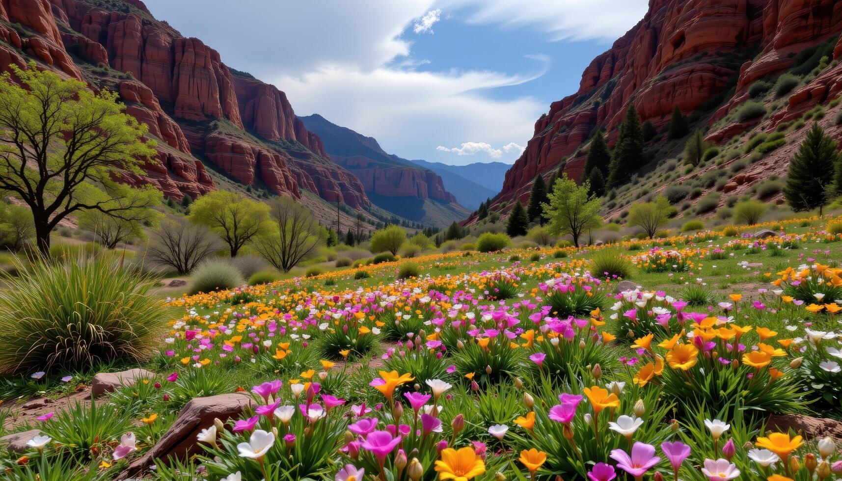 a canyon floor carpeted with wildflowers after an early spring rain. photo