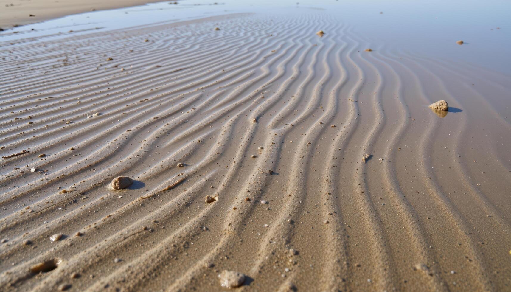 a beach at low tide where intricate tide lines stretch across the wet sand. photo