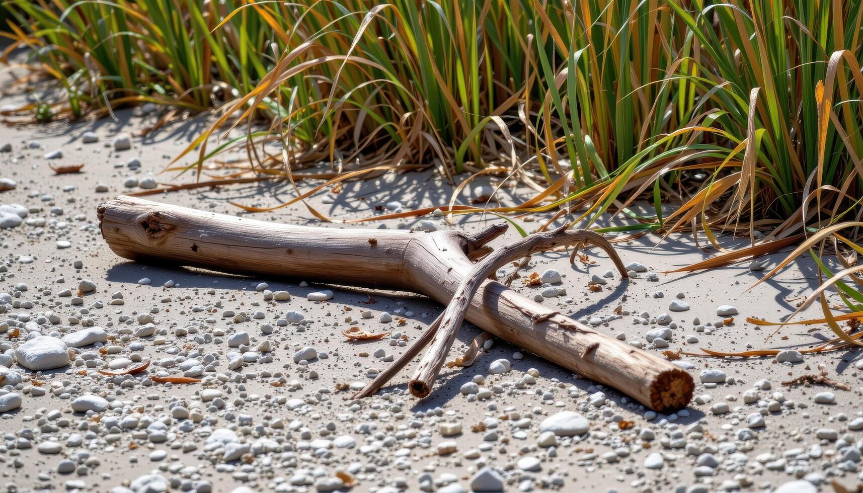 a gravel covered riverbank where driftwood lies among the reeds and sand. photo
