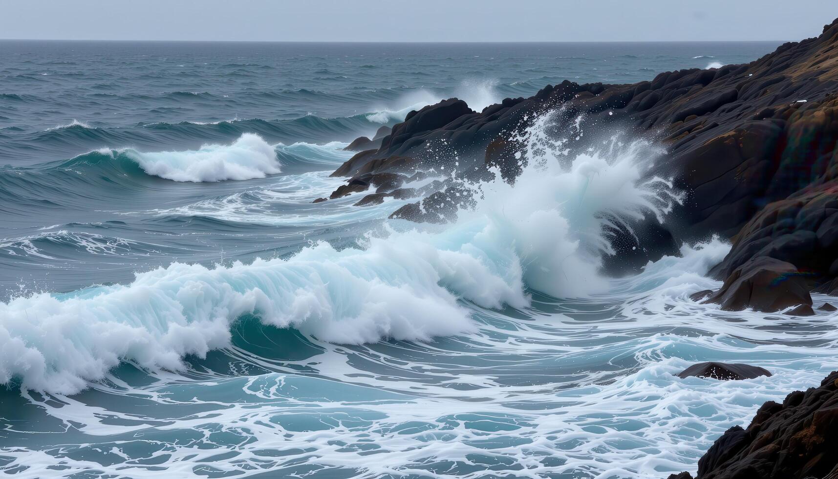 a stormy coastline where crashing waves explode against jagged black rocks. photo