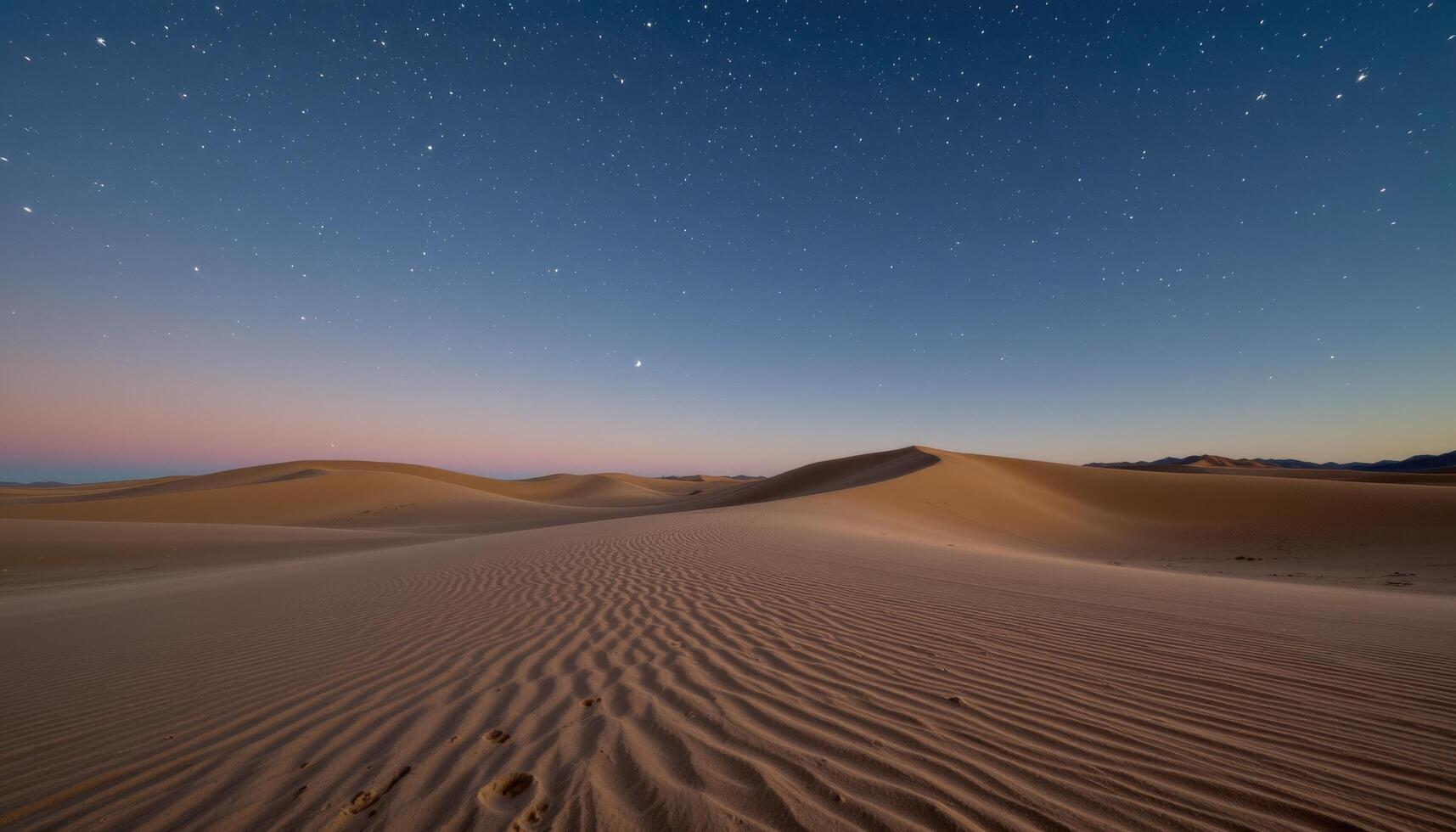 a gently rolling dune field under a star filled sky, each crest traced by moonlight. photo