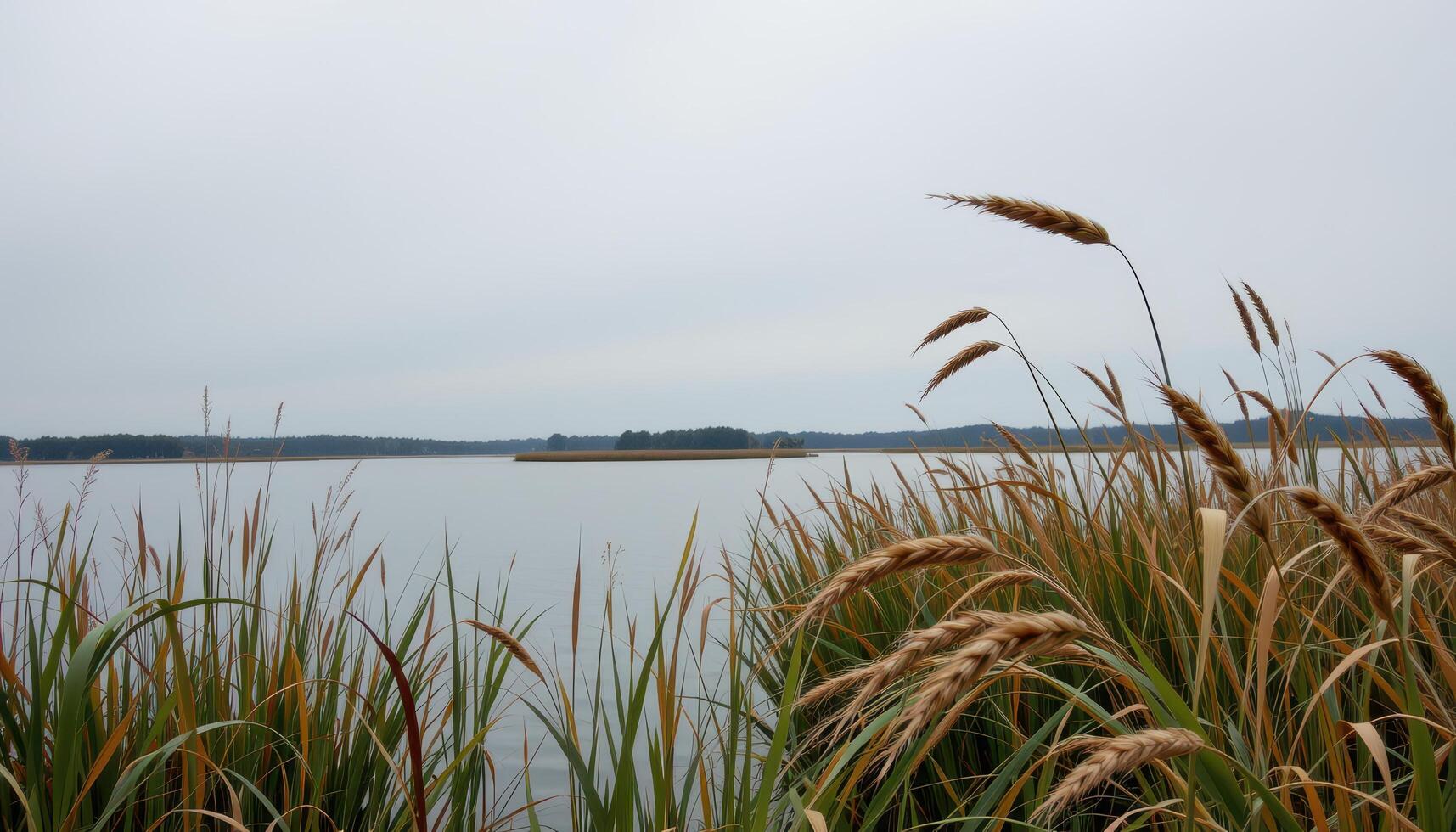 a quiet fenland where reeds rustle in the wind under a gray sky. photo