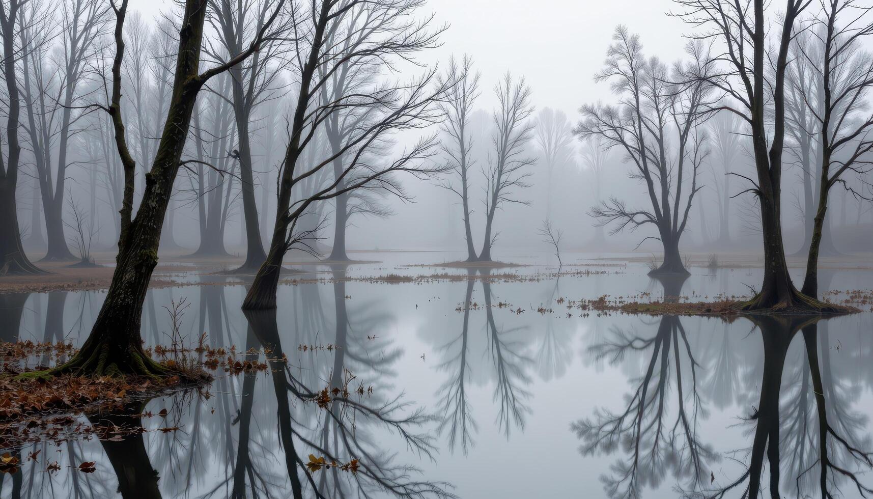 a foggy wetland where low trees emerge from shallow, still water. photo