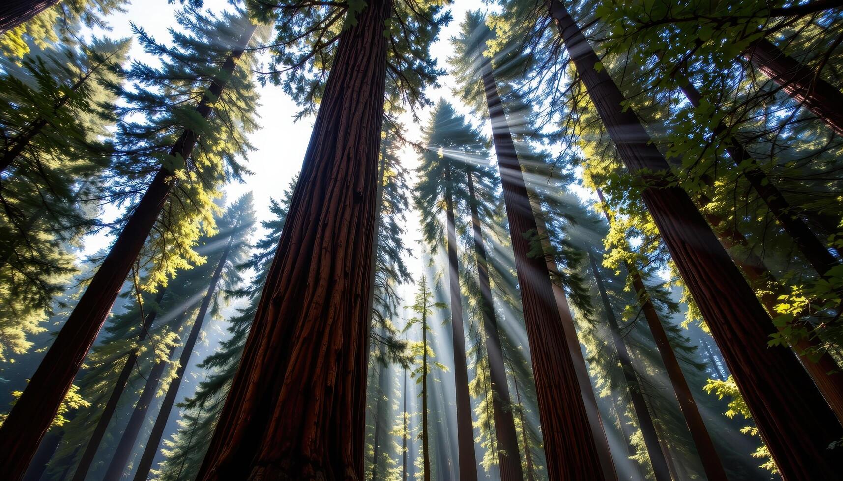 a forest of giant redwoods towering high into a canopy of filtered sunlight. photo