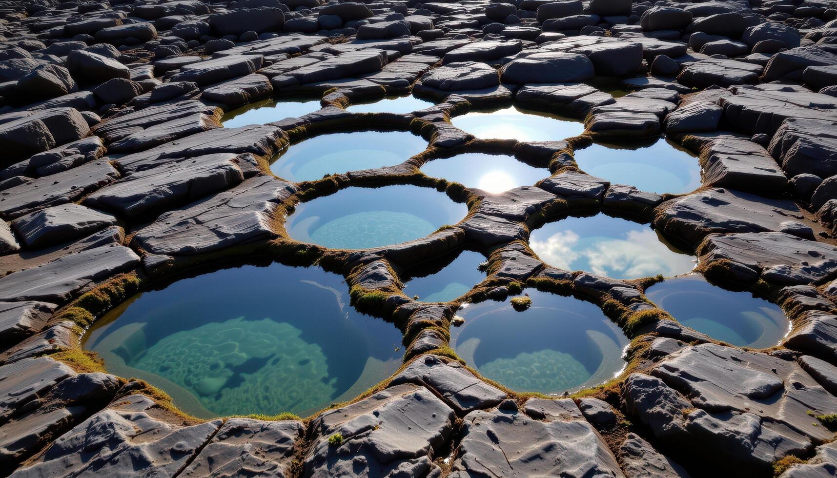 a cluster of tidal pools reflecting the sky among jagged coastal rocks. photo