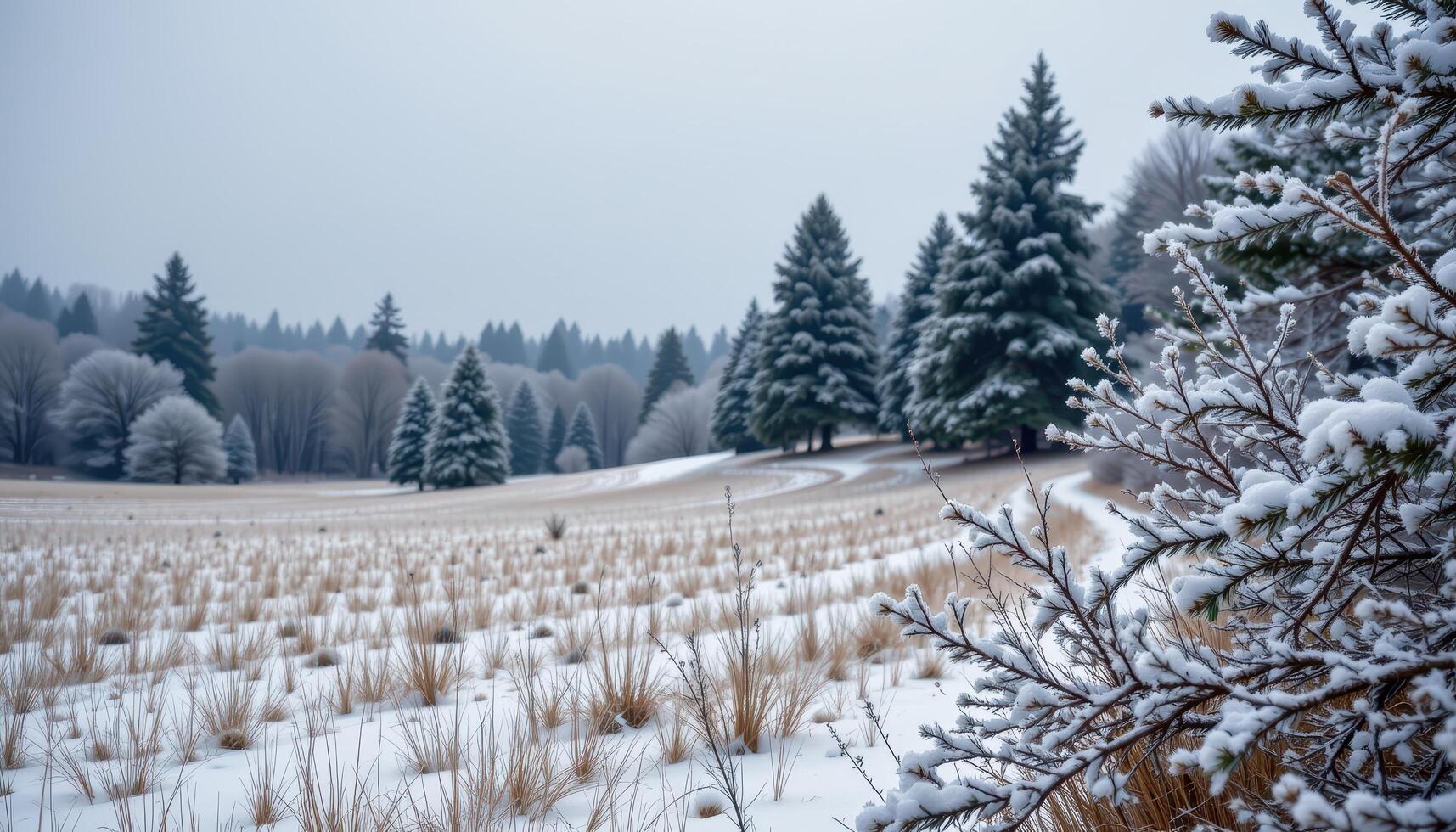 a snowy meadow bordered by pine trees with frost glittering on every branch. photo