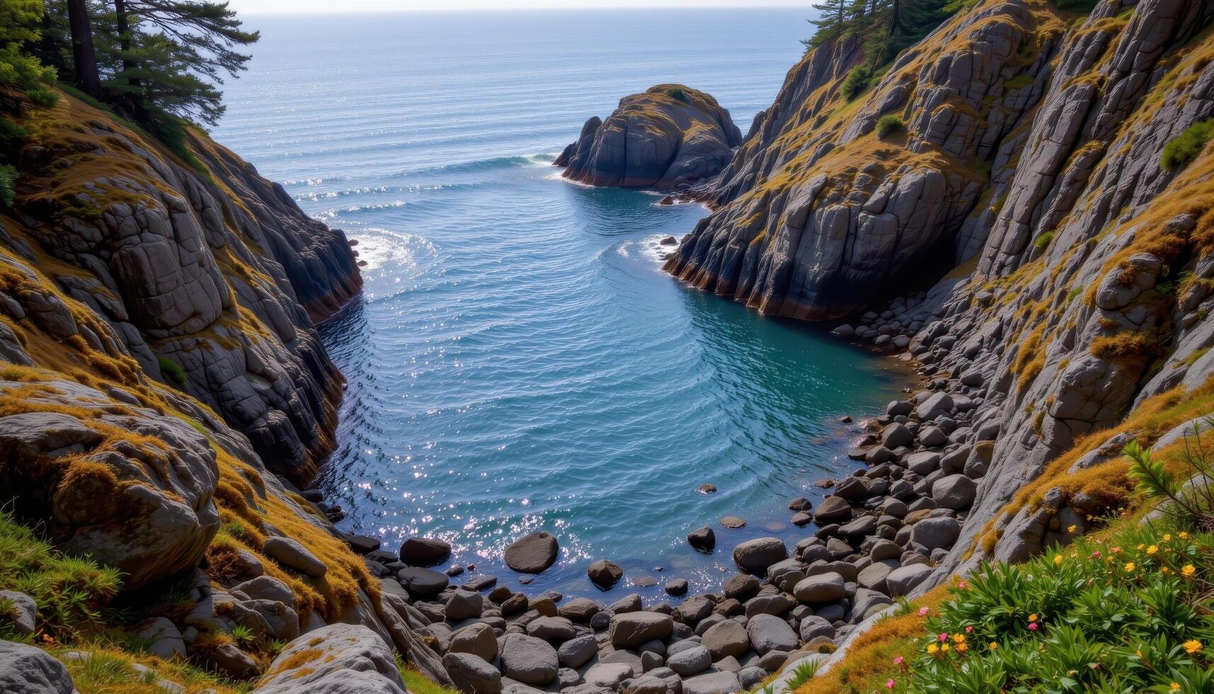 a still ocean cove surrounded by steep cliffs and moss covered stones. photo