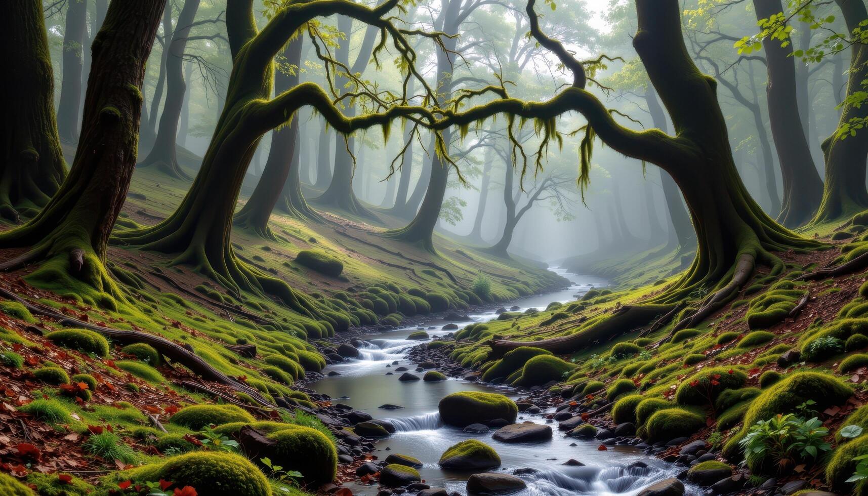 a misty forest stream winding beneath ancient, mossy trees. photo