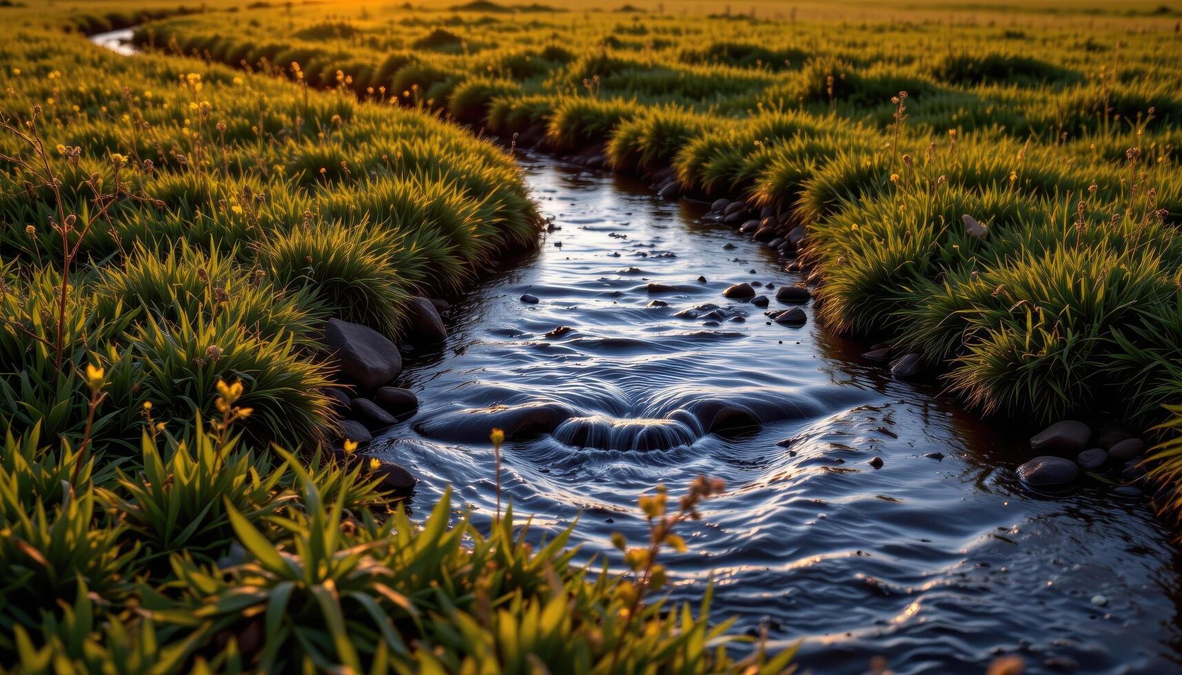 a shallow stream crossing a meadow lit by the last light of sunset. photo
