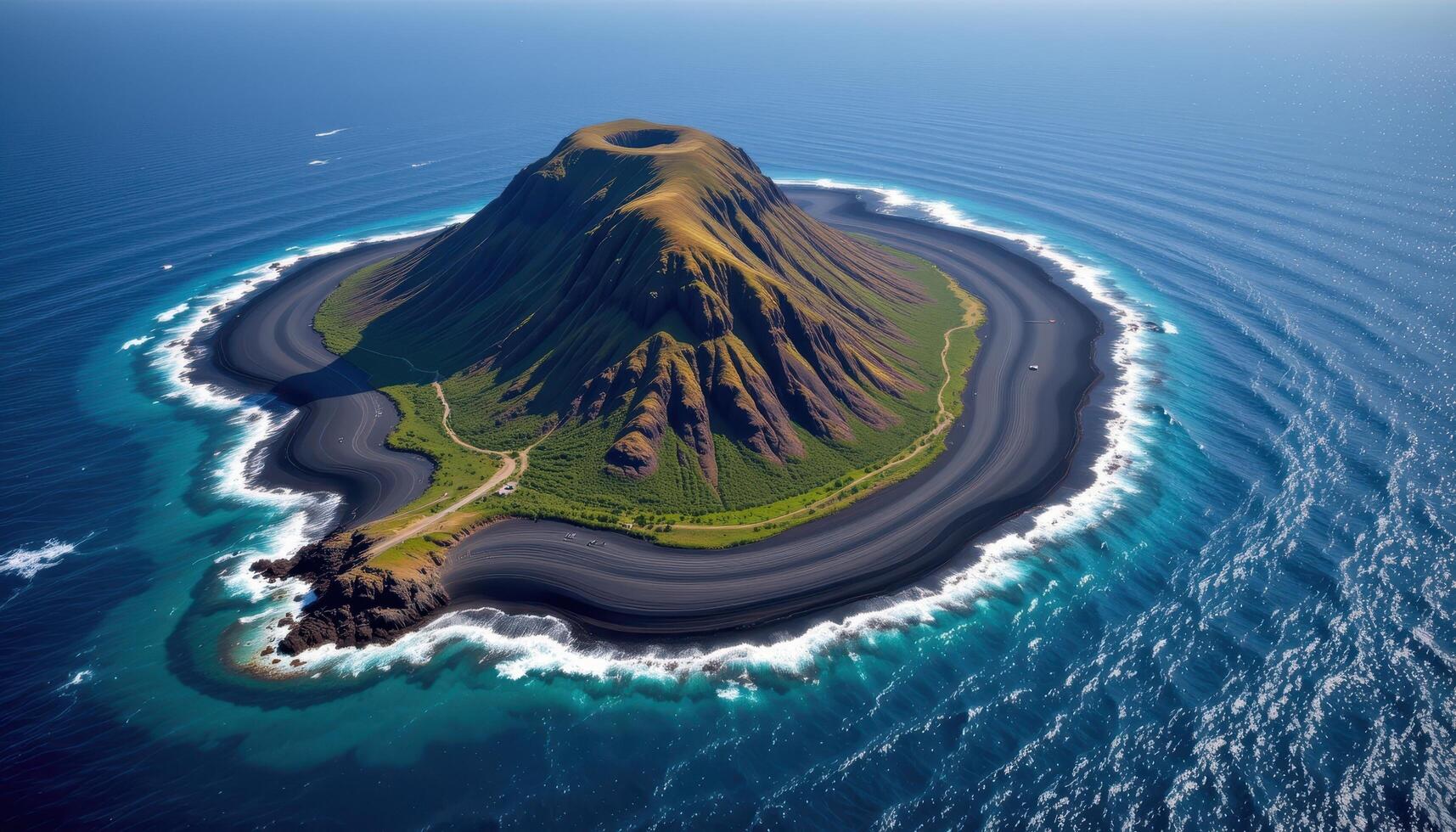 a volcanic island ringed with black sand beaches and sharp coastal cliffs. photo