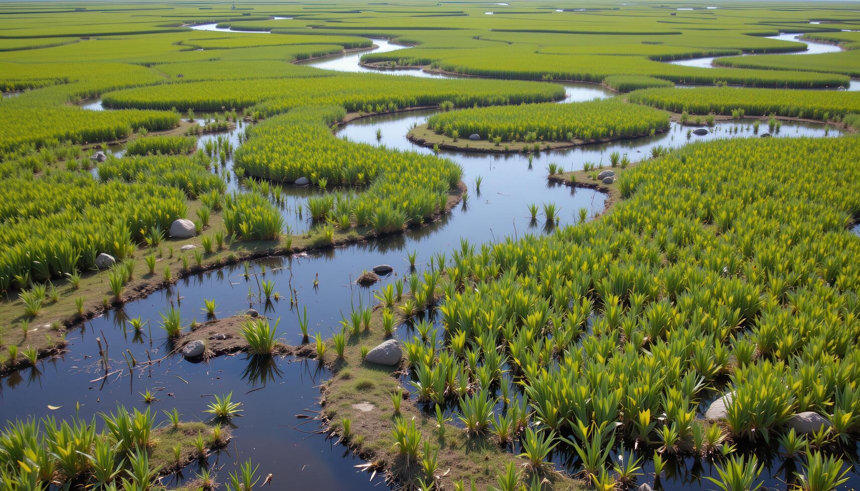 a coastal marsh with winding water channels cutting through soft green vegetation. photo