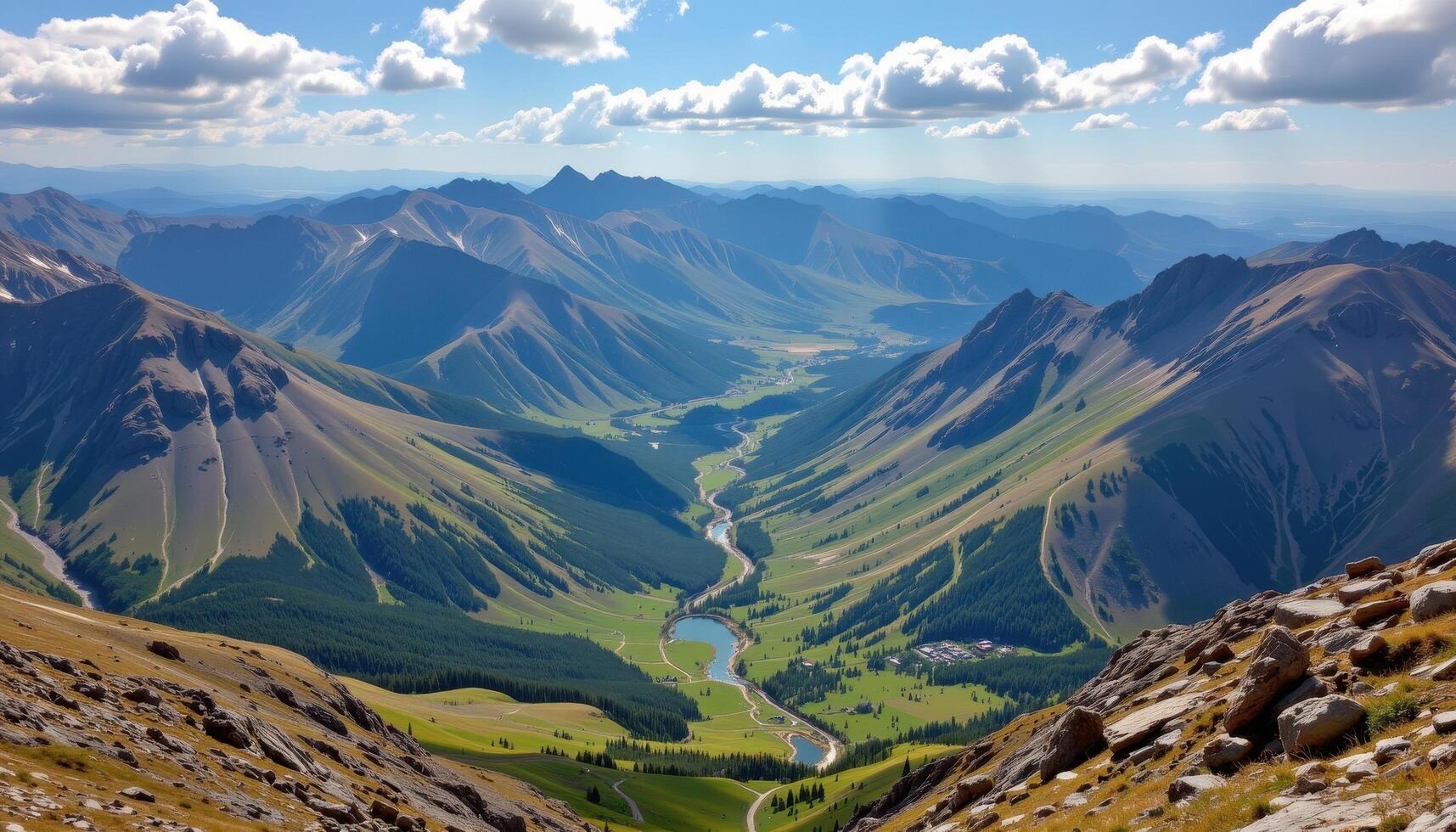 a high valley ringed with jagged mountains and dotted with tiny ponds. photo
