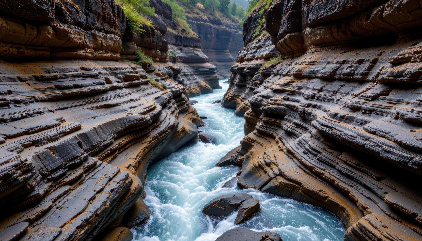 a rain drenched canyon where water carves through layered stone in twisting curves. photo