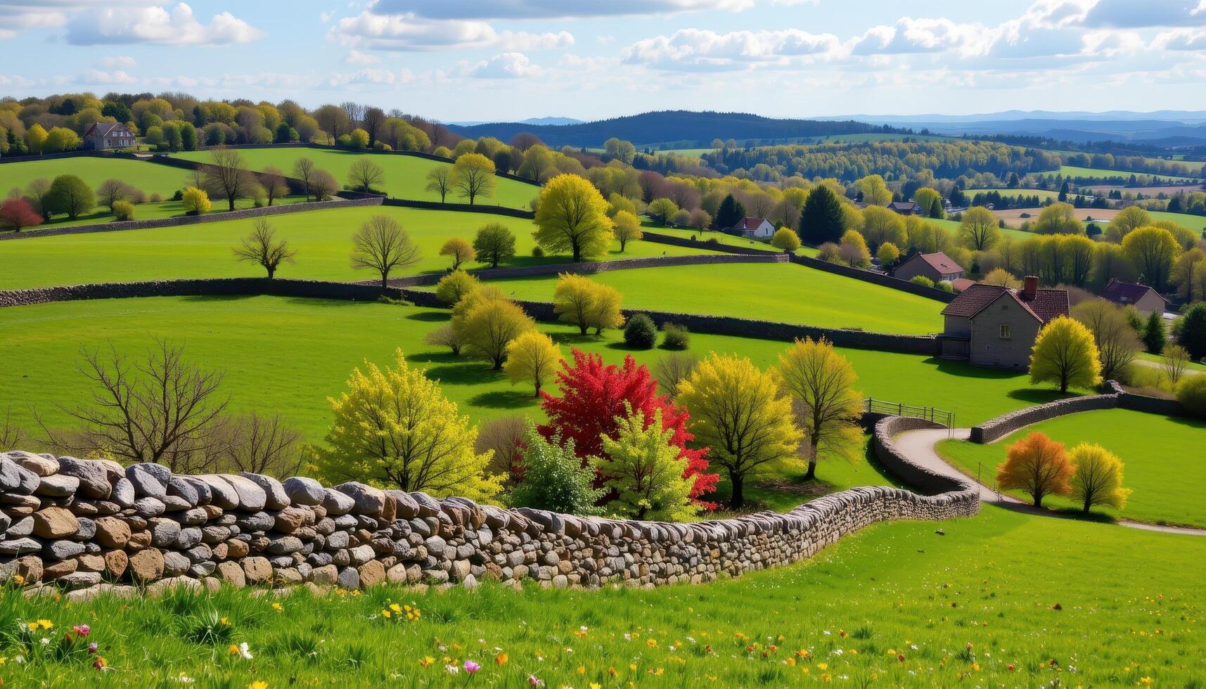 a rolling countryside dotted with old stone walls and vibrant spring foliage. photo