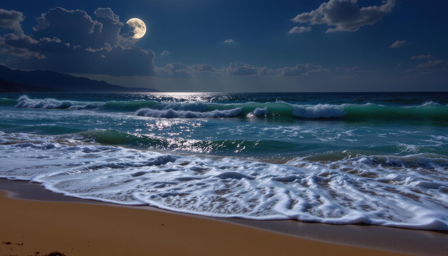 a beach cove where waves roll in endlessly under the glow of moonlight. photo