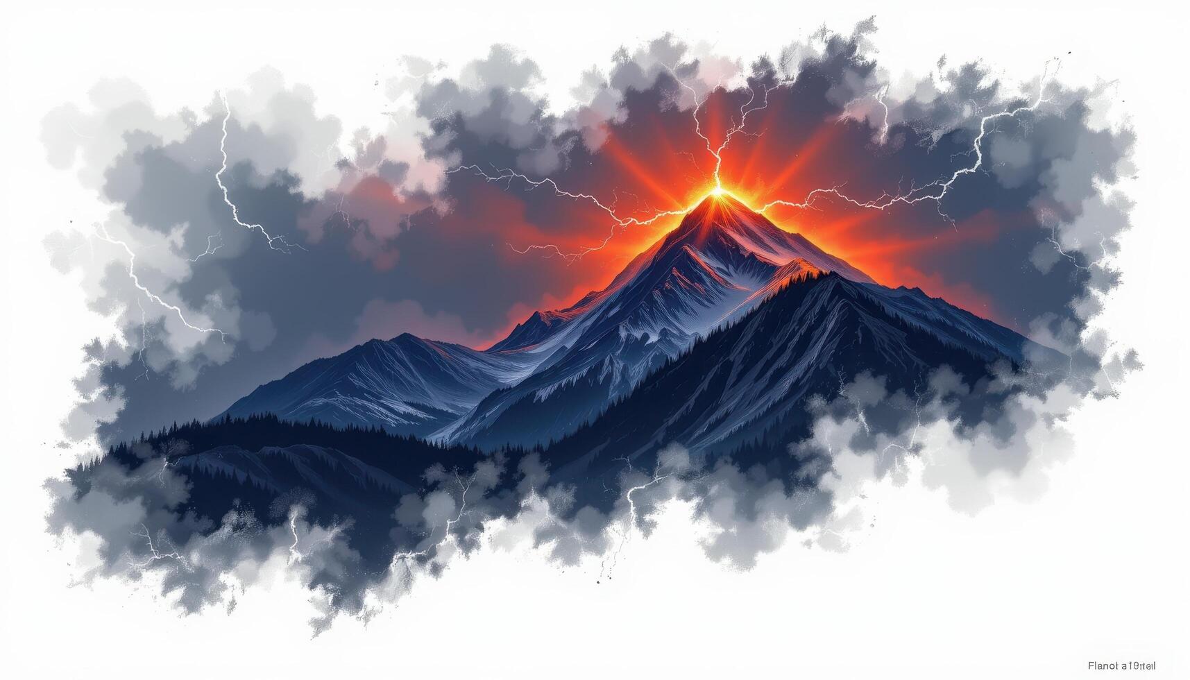 a mountain ridge illuminated by lightning under a storm dark sky. photo