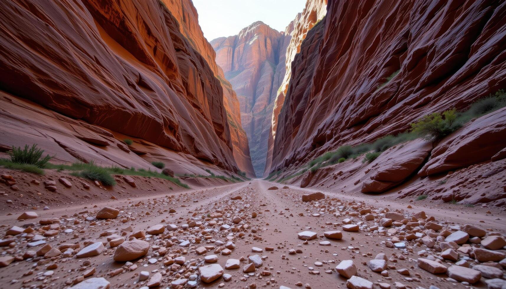 a canyon floor littered with stone fragments beneath towering cliffs. photo