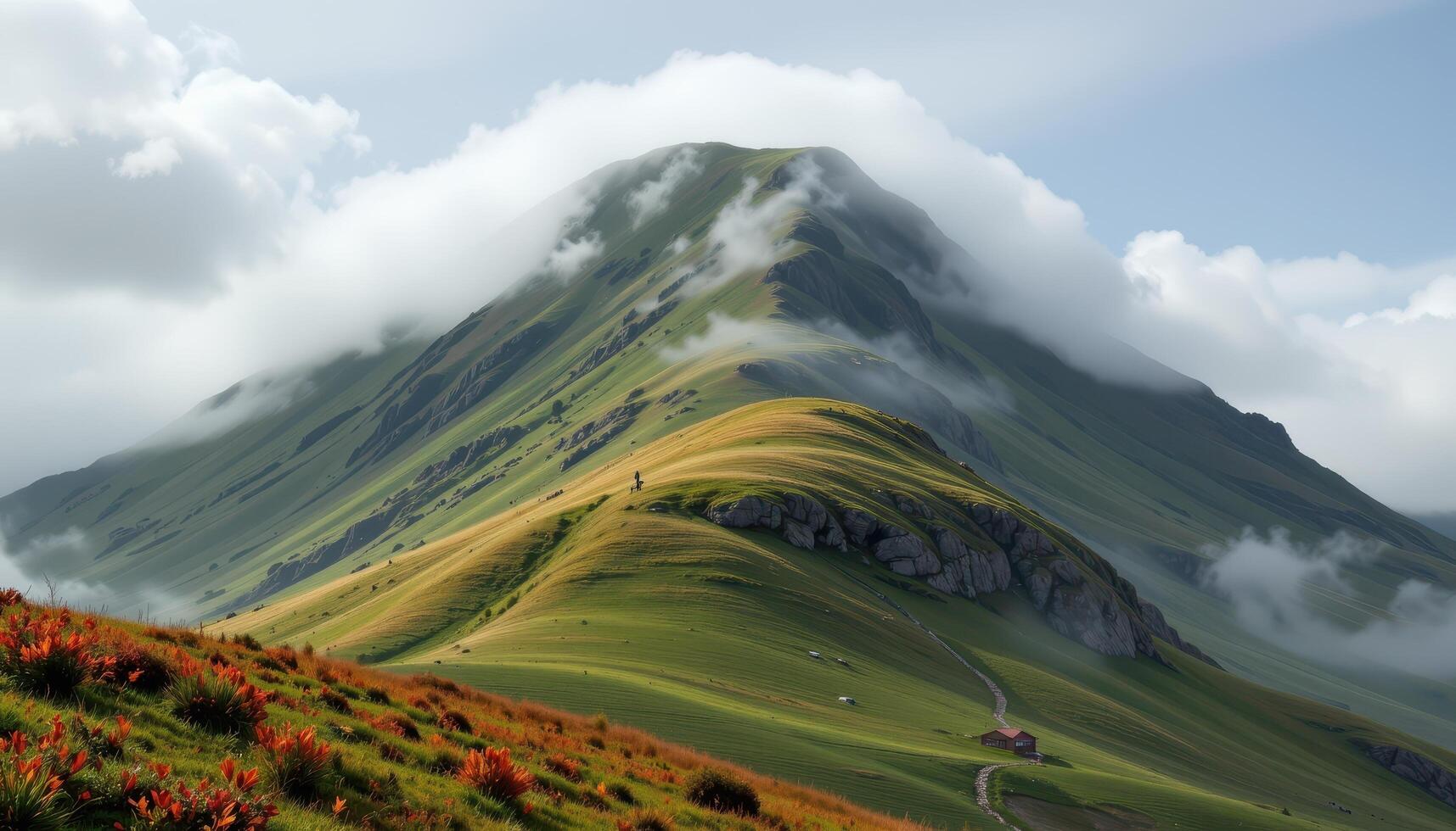 a hill shrouded in low cloud, with only its grassy peak visible above the mist. photo