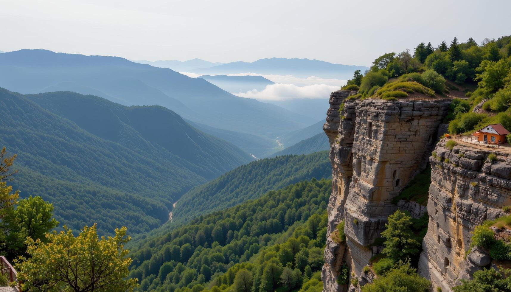 a cliff side viewpoint where layers of mist drift between deep forested valleys. photo