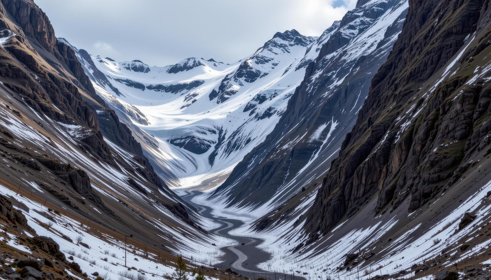 a narrow mountain pass carved by ice, now dotted with late spring snow. photo