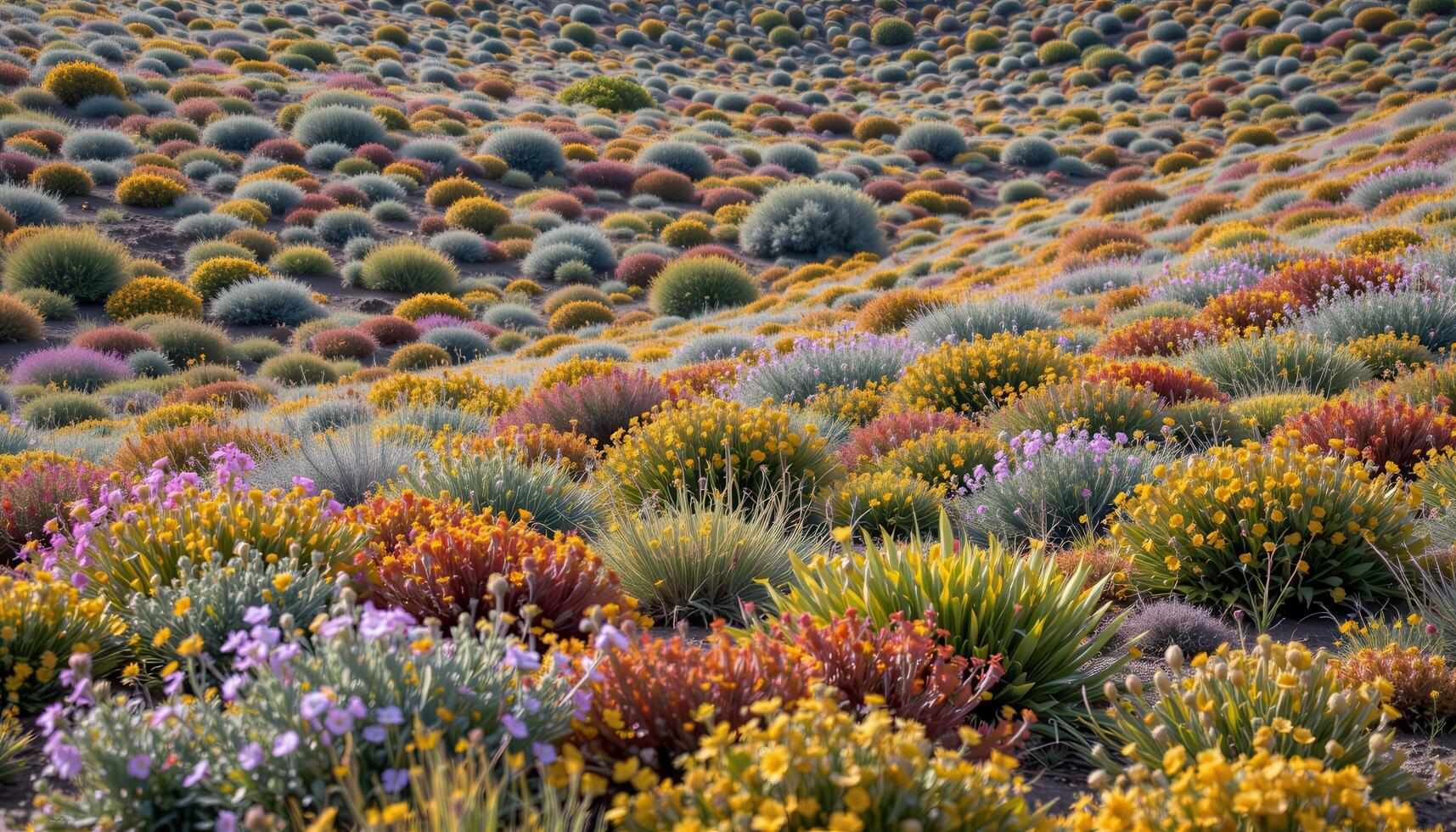 a rolling hillside covered in a vibrant mix of grasses and blooming shrubs. photo