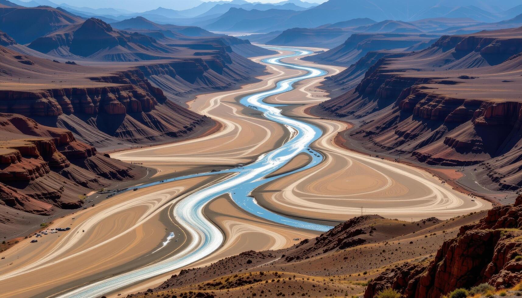 a wide valley where rivers braid through sediment in glittering patterns. photo