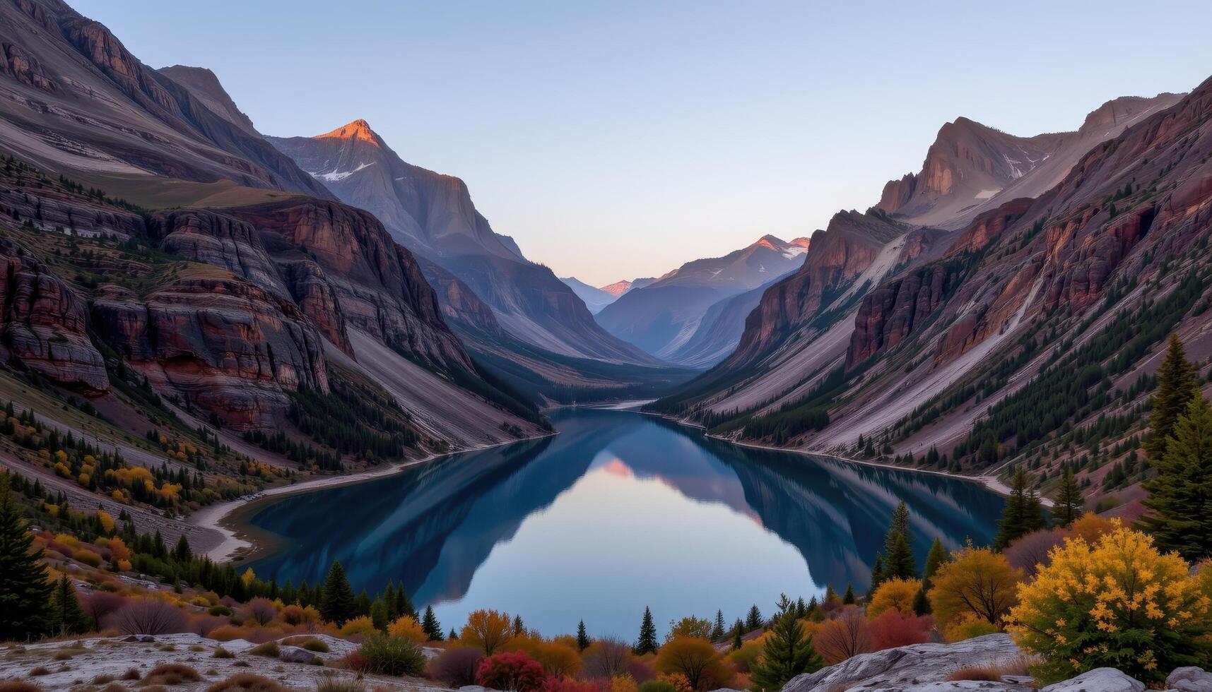 a lake surrounded by steep canyon walls reflecting a pale dawn sky. photo