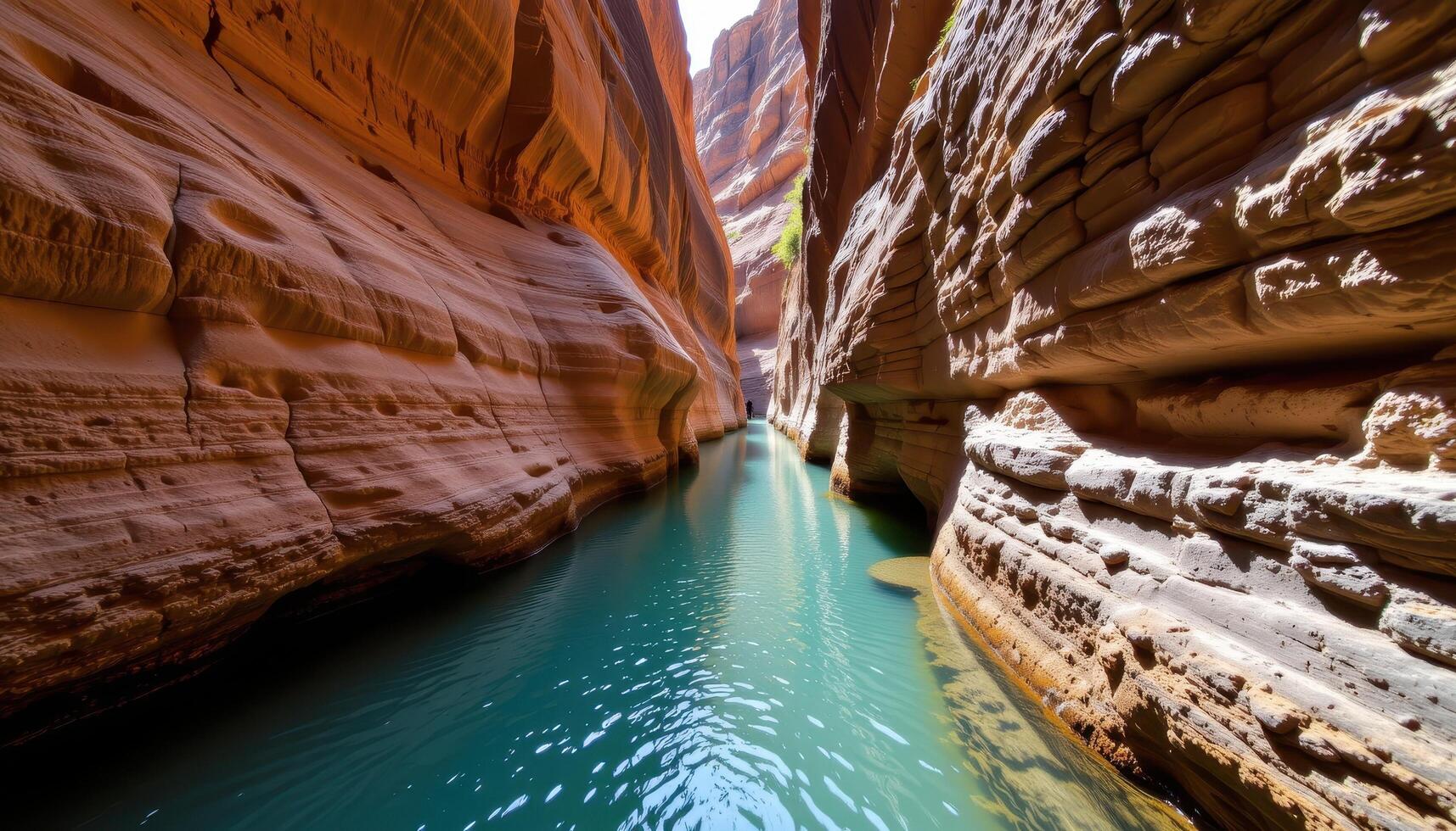 a narrow canyon filled with crystal clear water and eroded stone walls. photo