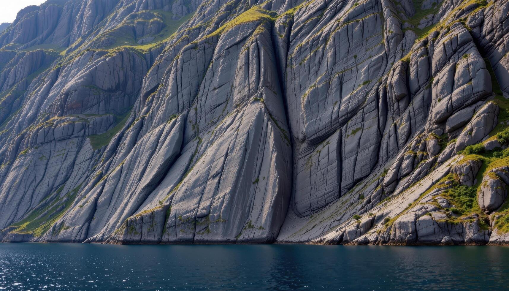 a basalt cliff face split by ancient lava flows, towering over a calm fjord. photo