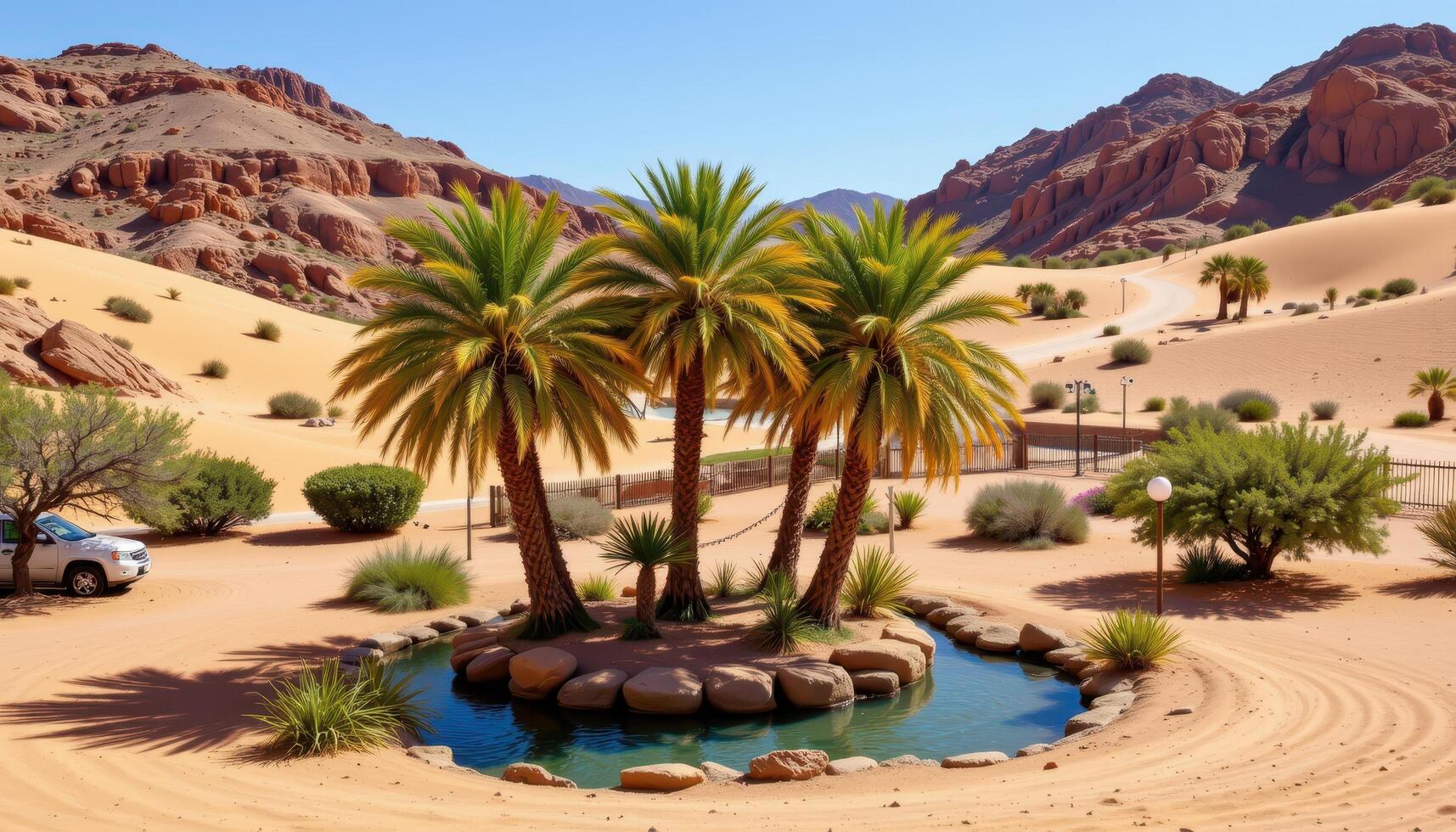 a tranquil desert oasis with palm trees clustered around a small, shimmering pool of water. photo