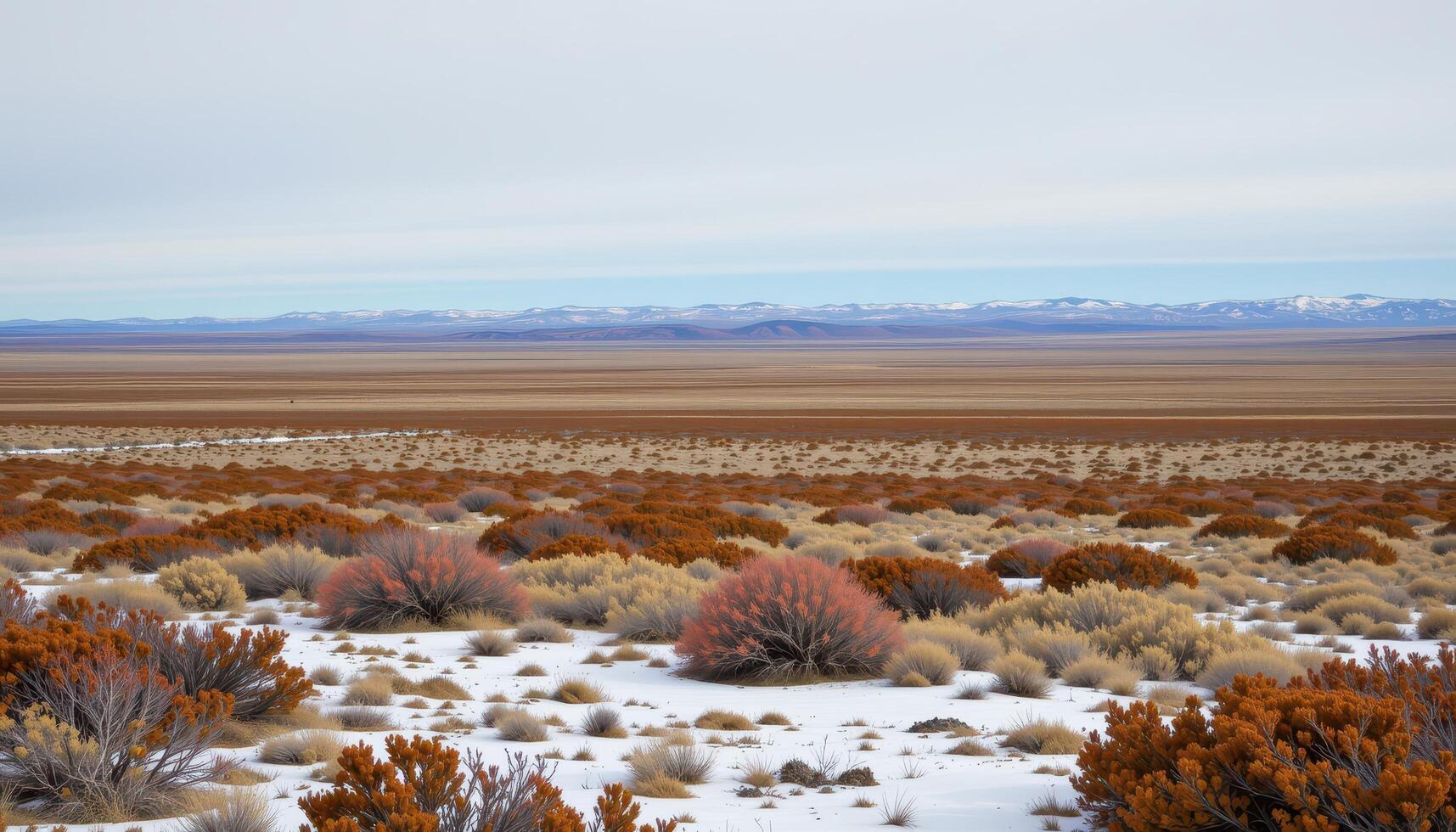 a vast tundra plain dotted with hardy shrubs and patches of snow under a pale blue sky. photo