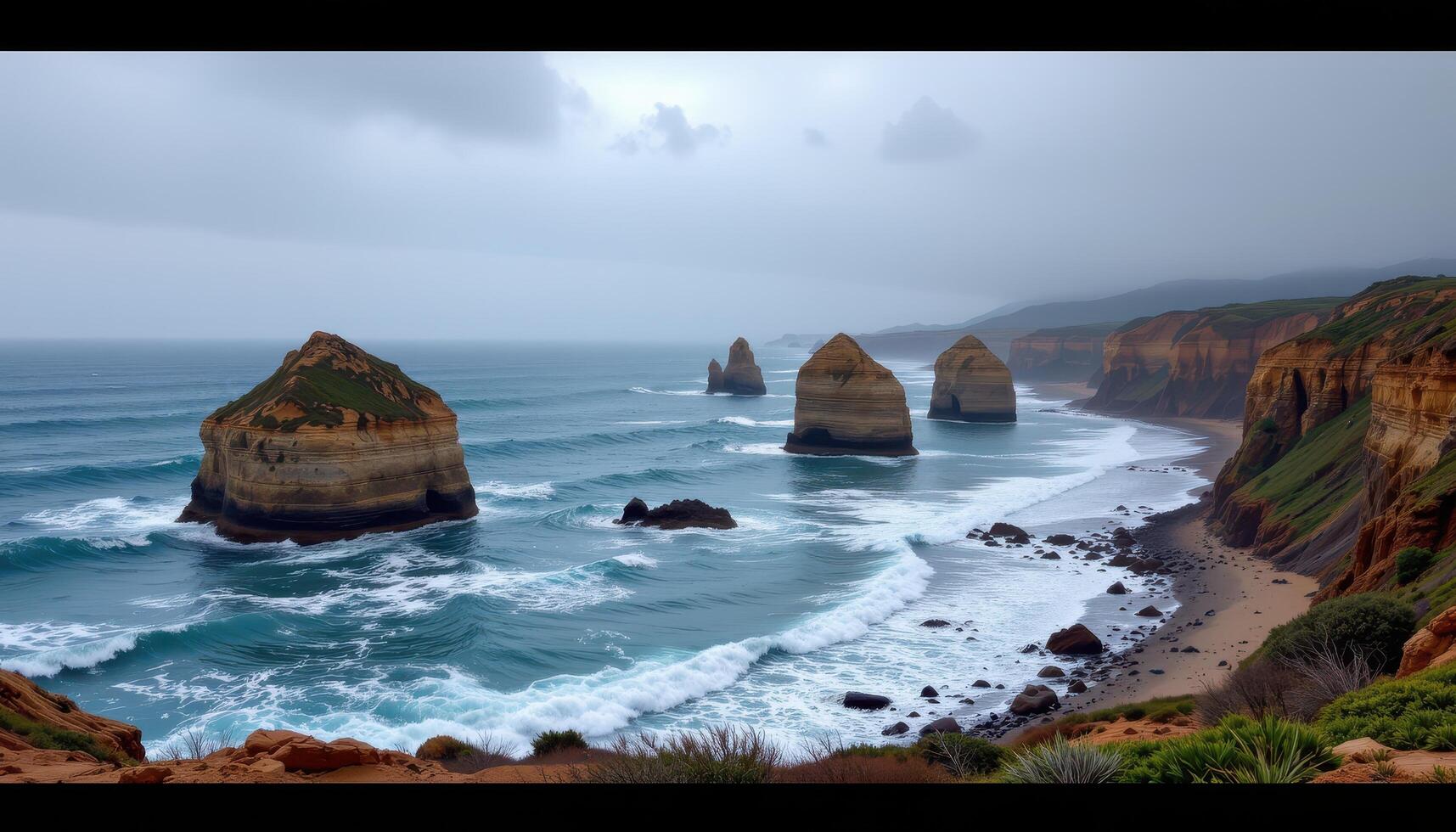 a storm swept coastline where waves hammer massive rock formations. photo