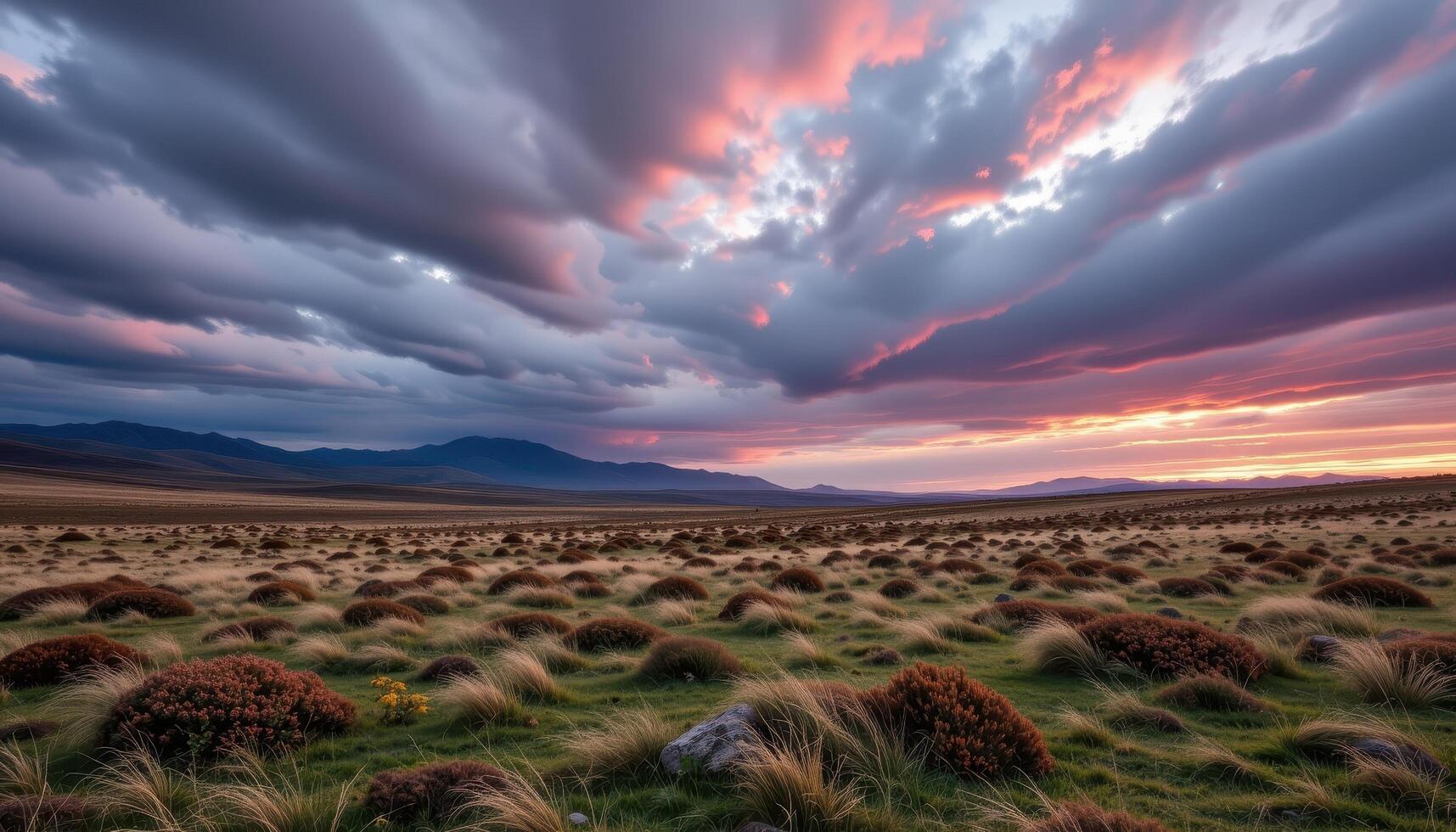 a windswept moor beneath a sky filled with streaks of gray and violet. photo