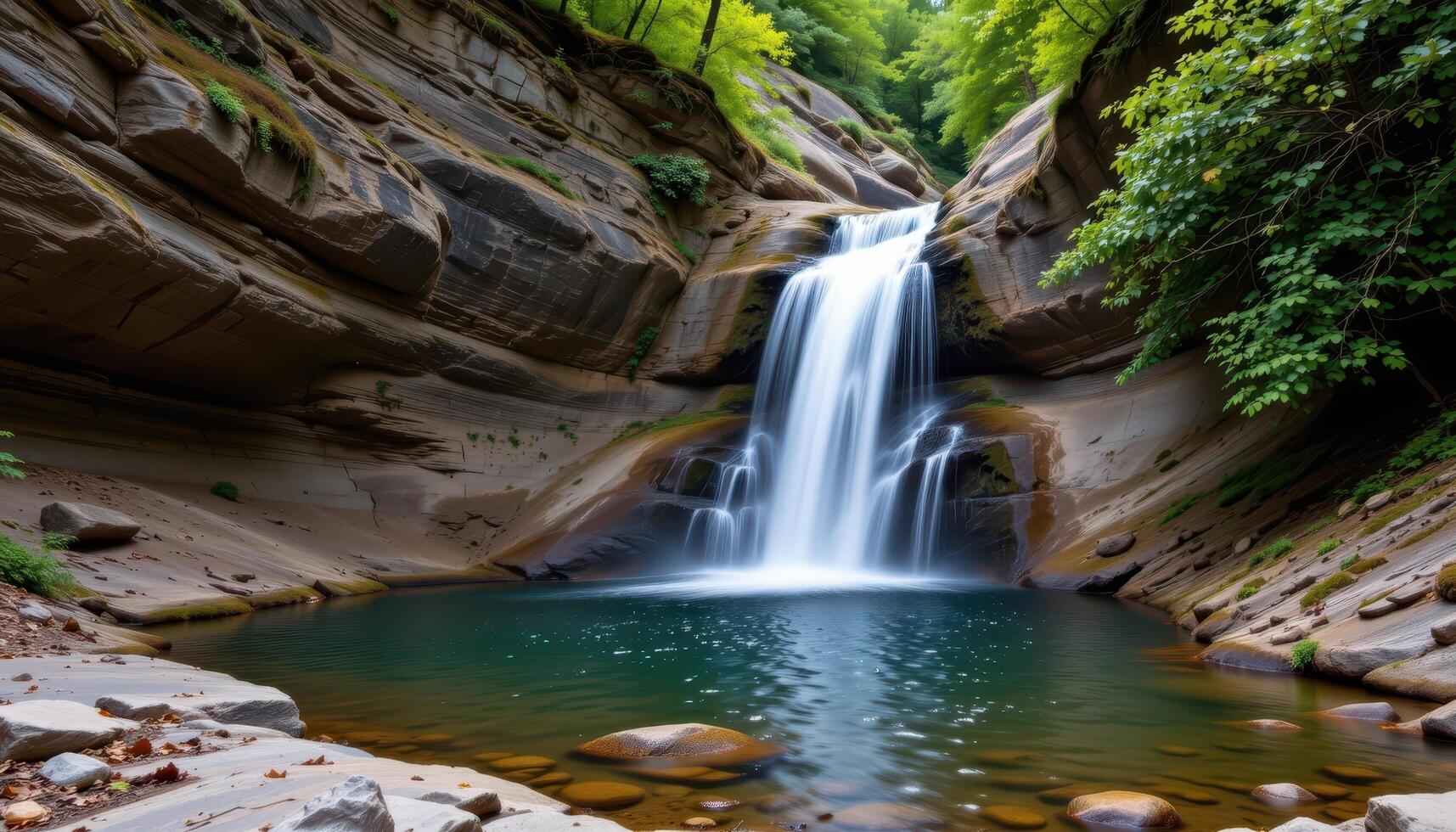 a hidden waterfall plunging through rock into a silent, forested pool. photo