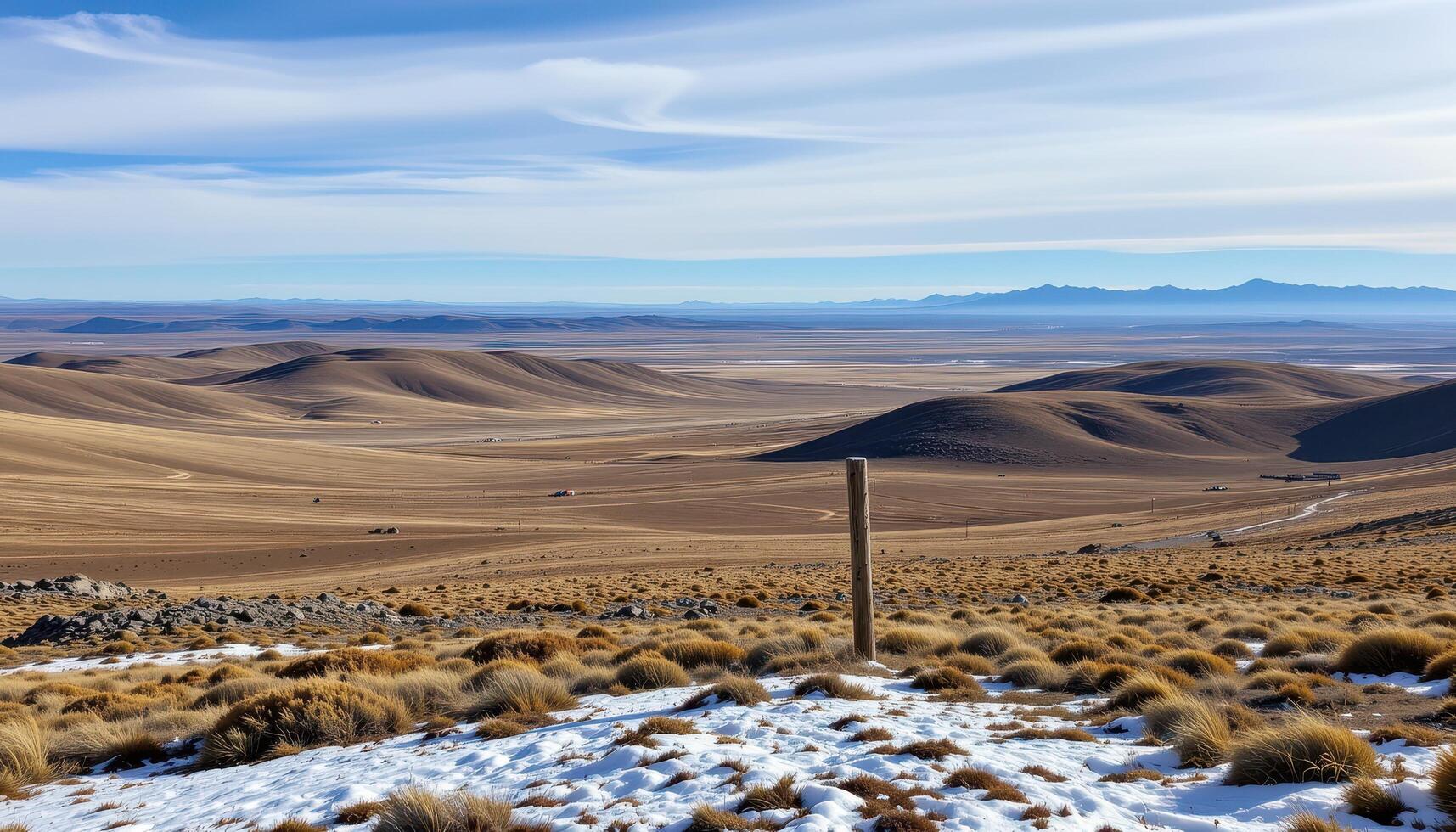 a remote tundra landscape with rolling hills and patches of snow under a vast, open sky. photo