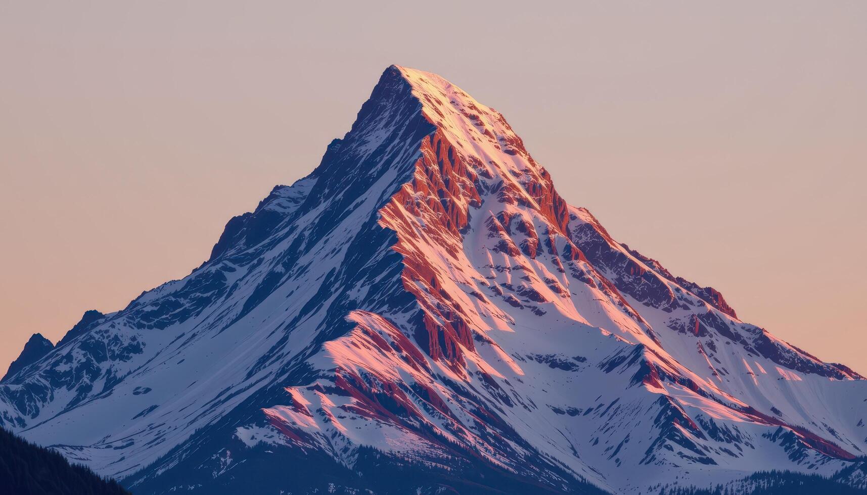a snow covered mountain peak illuminated by the soft light of dawn, standing against a clear sky. photo